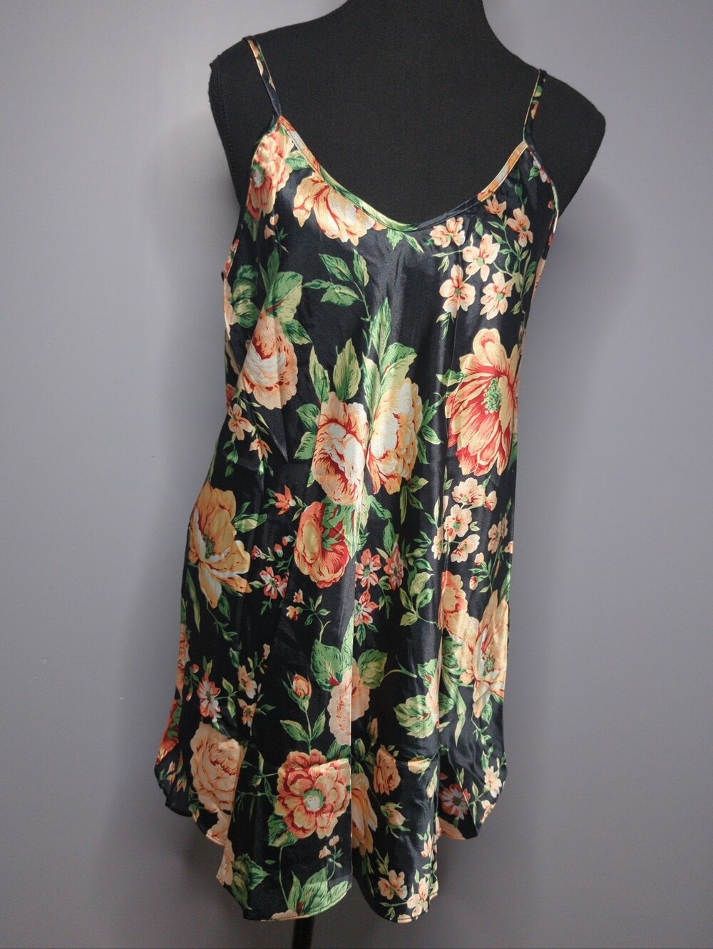 Vintage L.A. Intimates Black Floral Satin Slip Dress Sz L